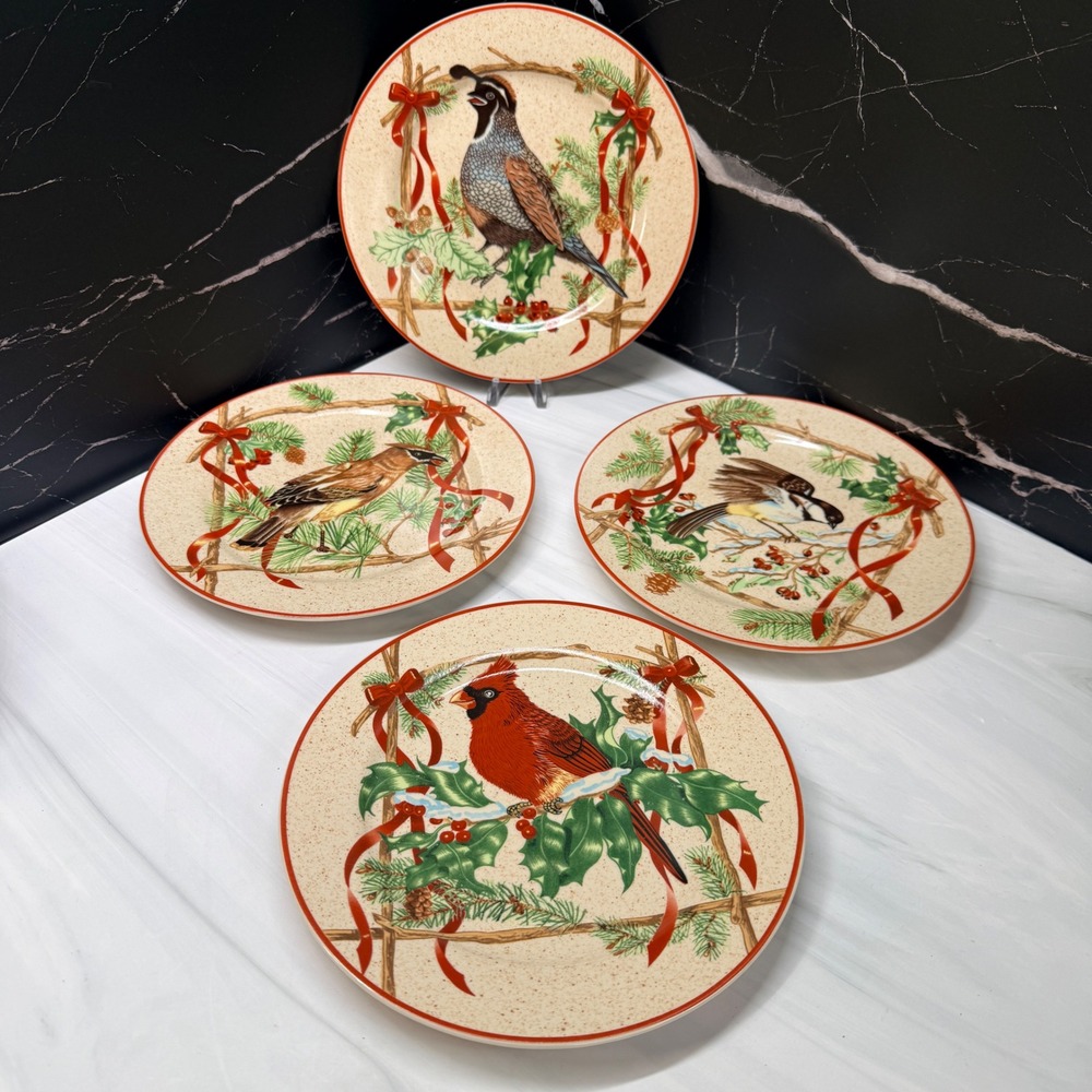 Block Basics Festive Ribbon Bird Salad Plates Set of 4 Cardinal Quail 2000